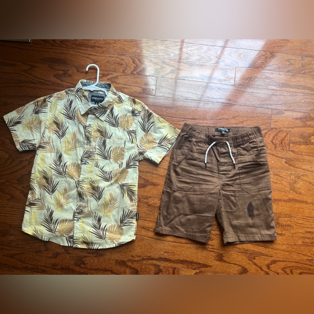 Kenneth Cole Cream and Brown Tropical Shirt with Brown Shorts